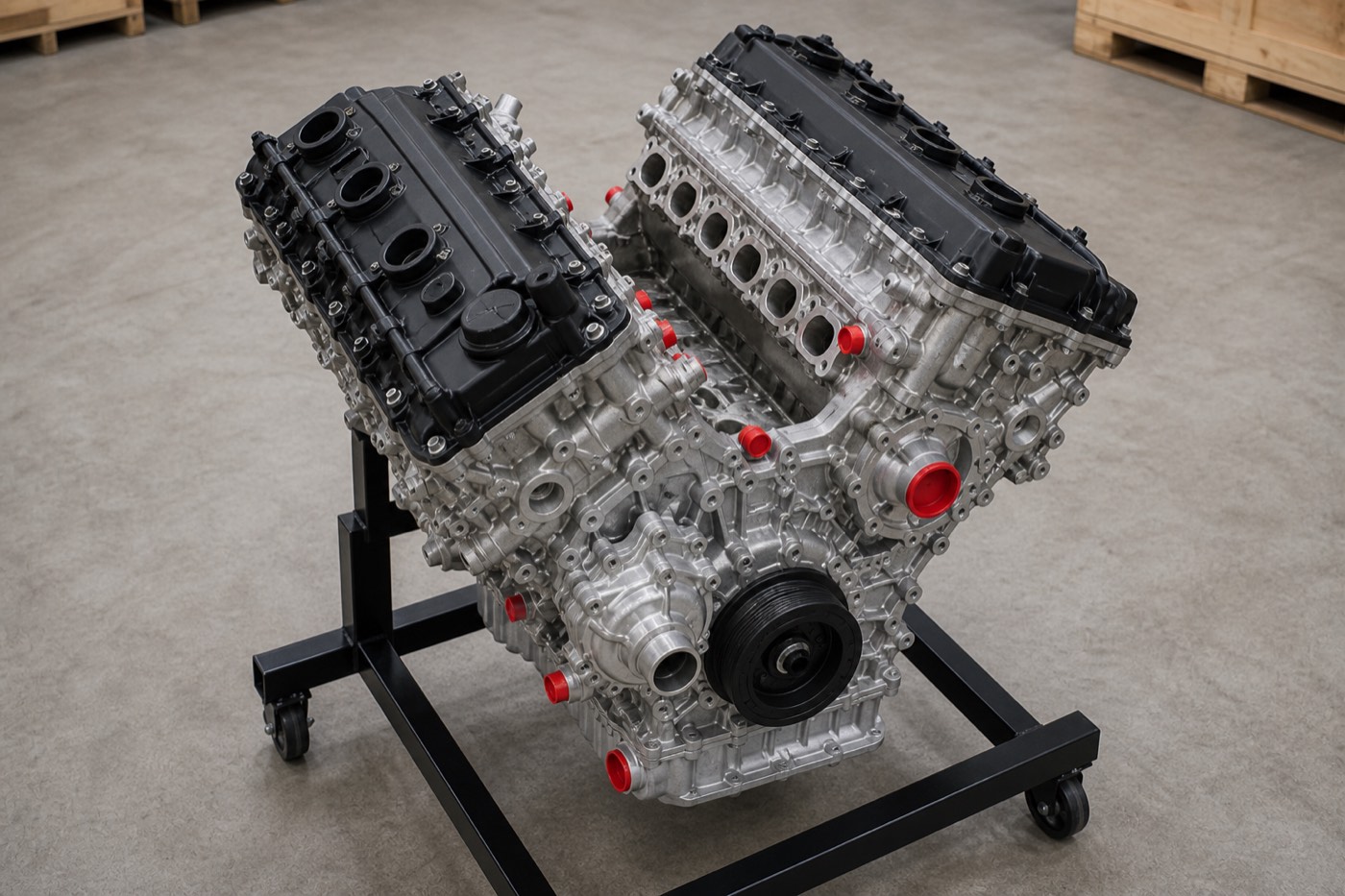 A complete engine on a stand in the workshop